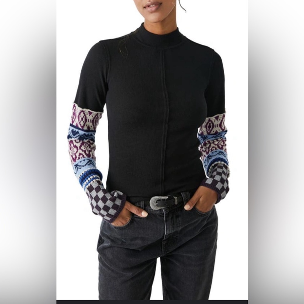 Free People knit cuffs black thermal long sleeve pullover top medium